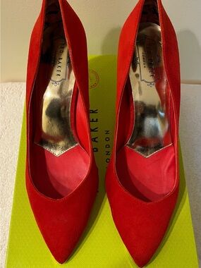 Ted Baker Red Suede Pointed Pumps with Gold Metallic Trim